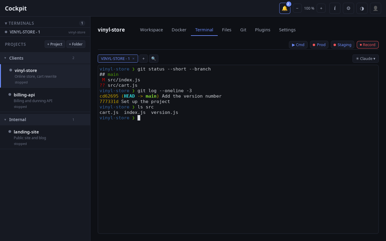 A terminal open in Cockpit, showing the output of git status and git log.